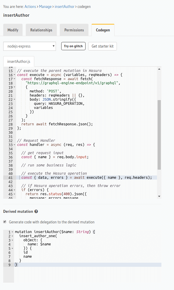 Console derived action codegen