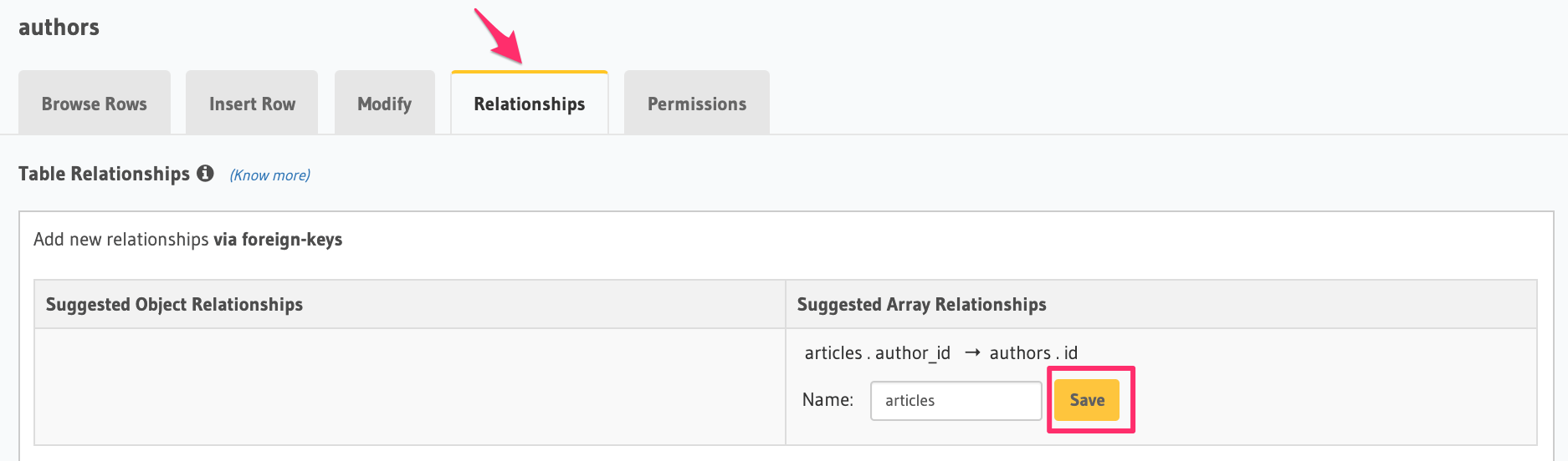 Create an array relationship