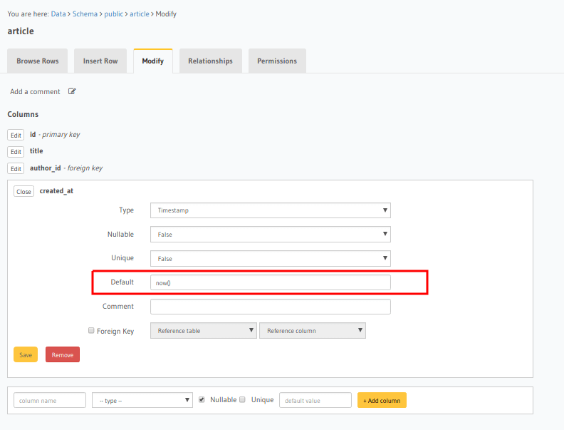 Modify the table in the console