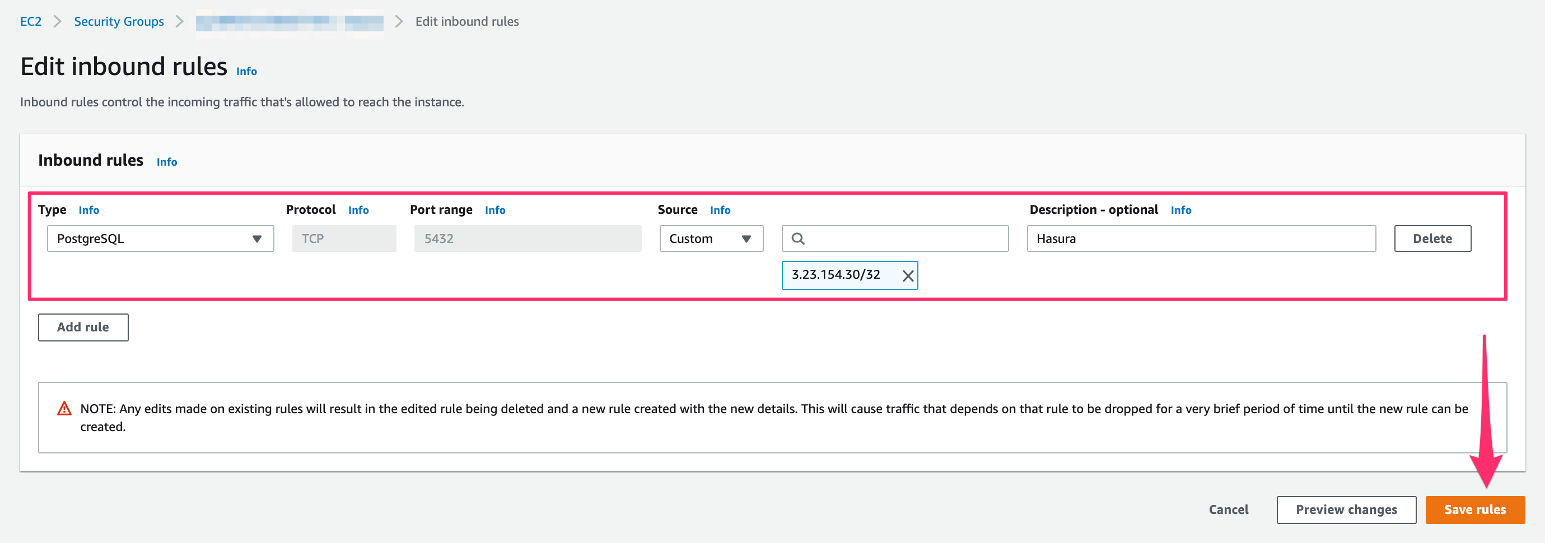 Add the Hasura IP for AWS RDS database