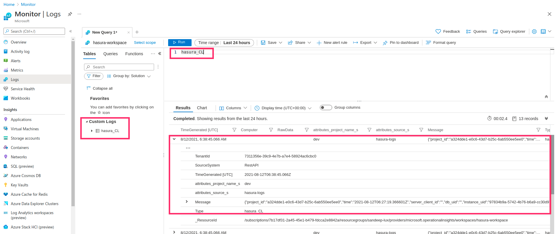 Logs successfully exported to Azure monitor