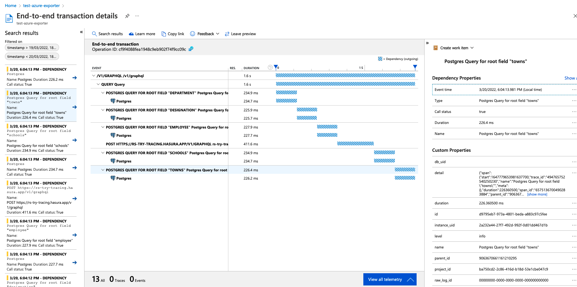 Traces successfully exported to Azure monitor