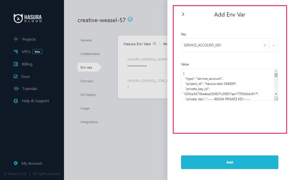 Connect
existing BigQuery database in Hasura Cloud