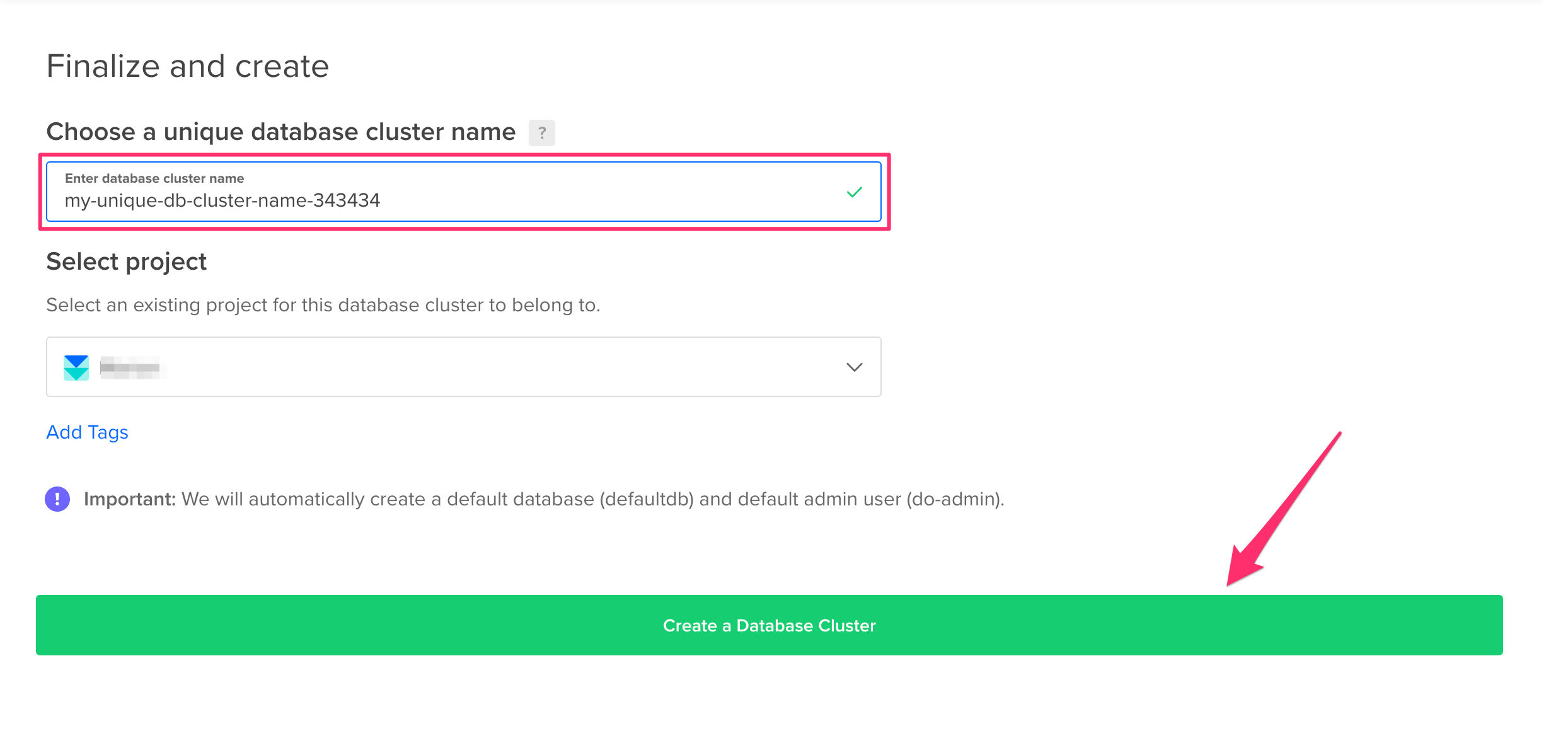 Select cluster name for database on Digital Ocean