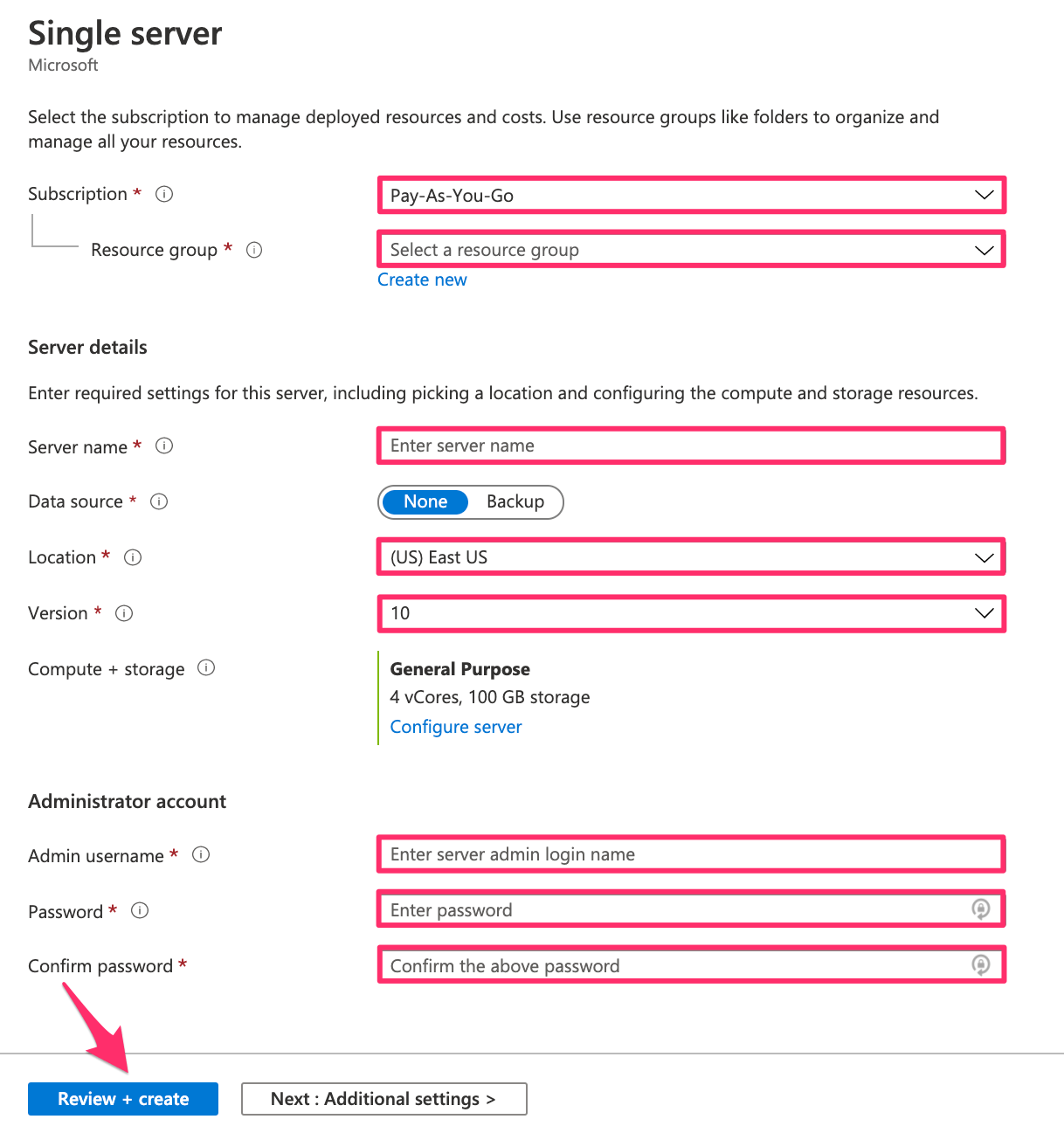 Configure database on Azure