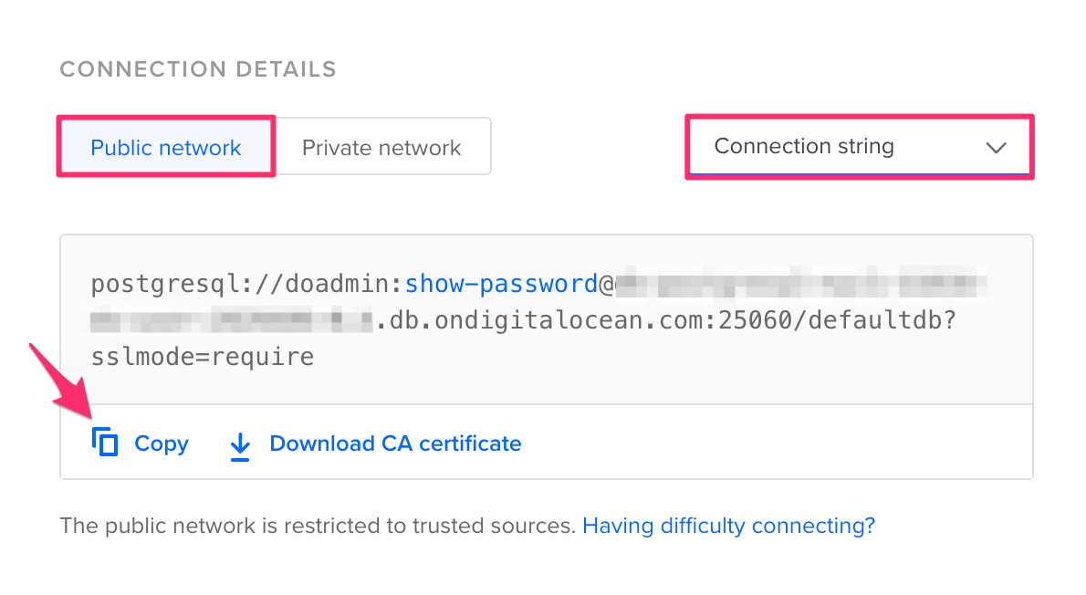 Get the database connection string in Digital Ocean