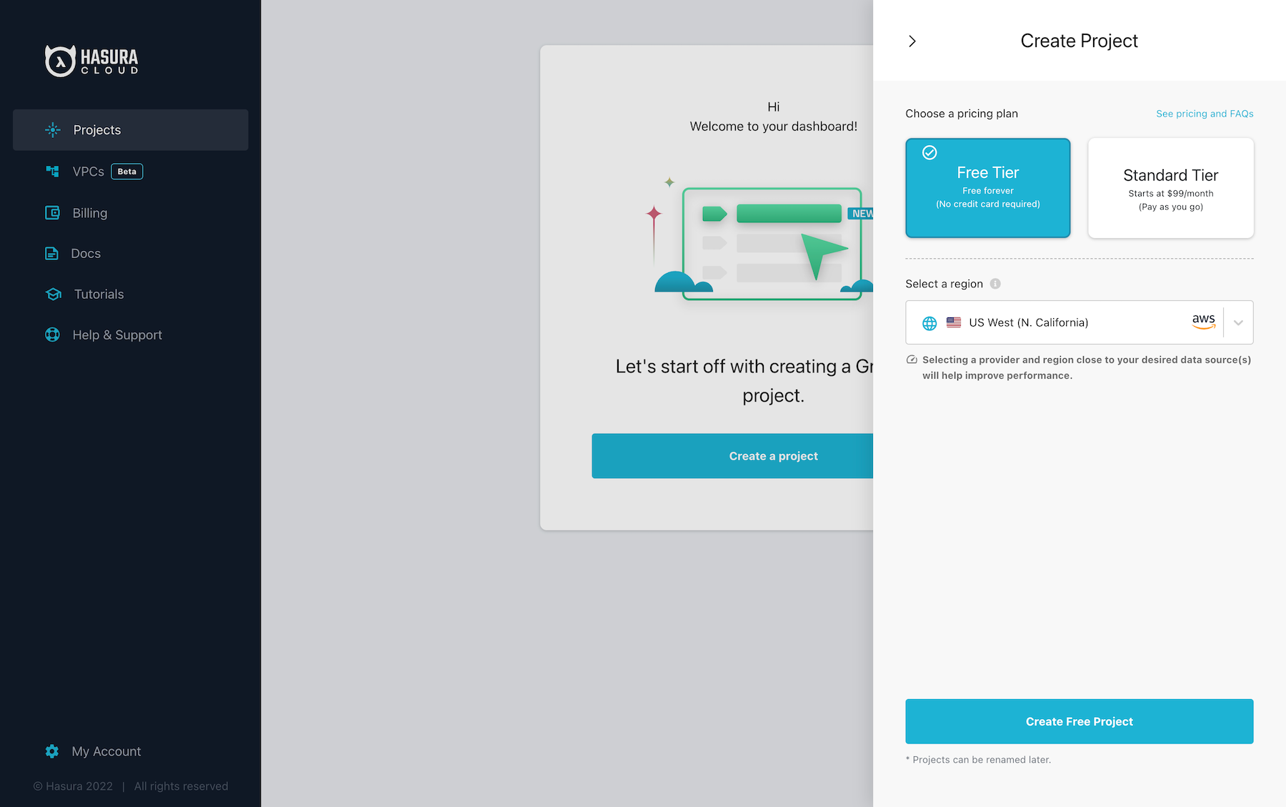 Create new project in Hasura Console