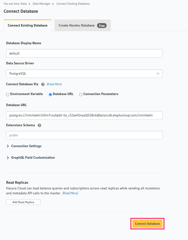 Add the connection string to your Hasura Console