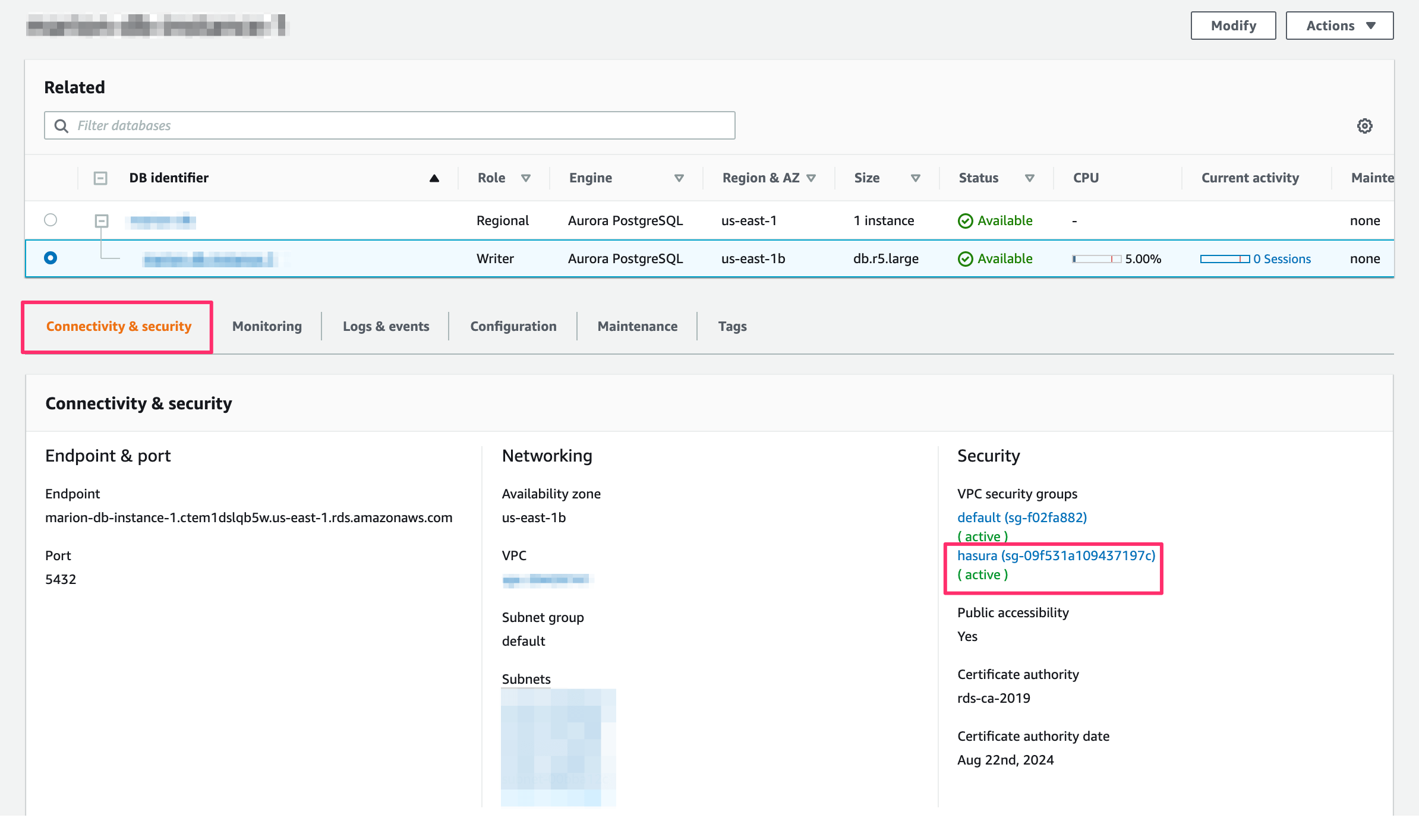 Find the security group on AWS RDS