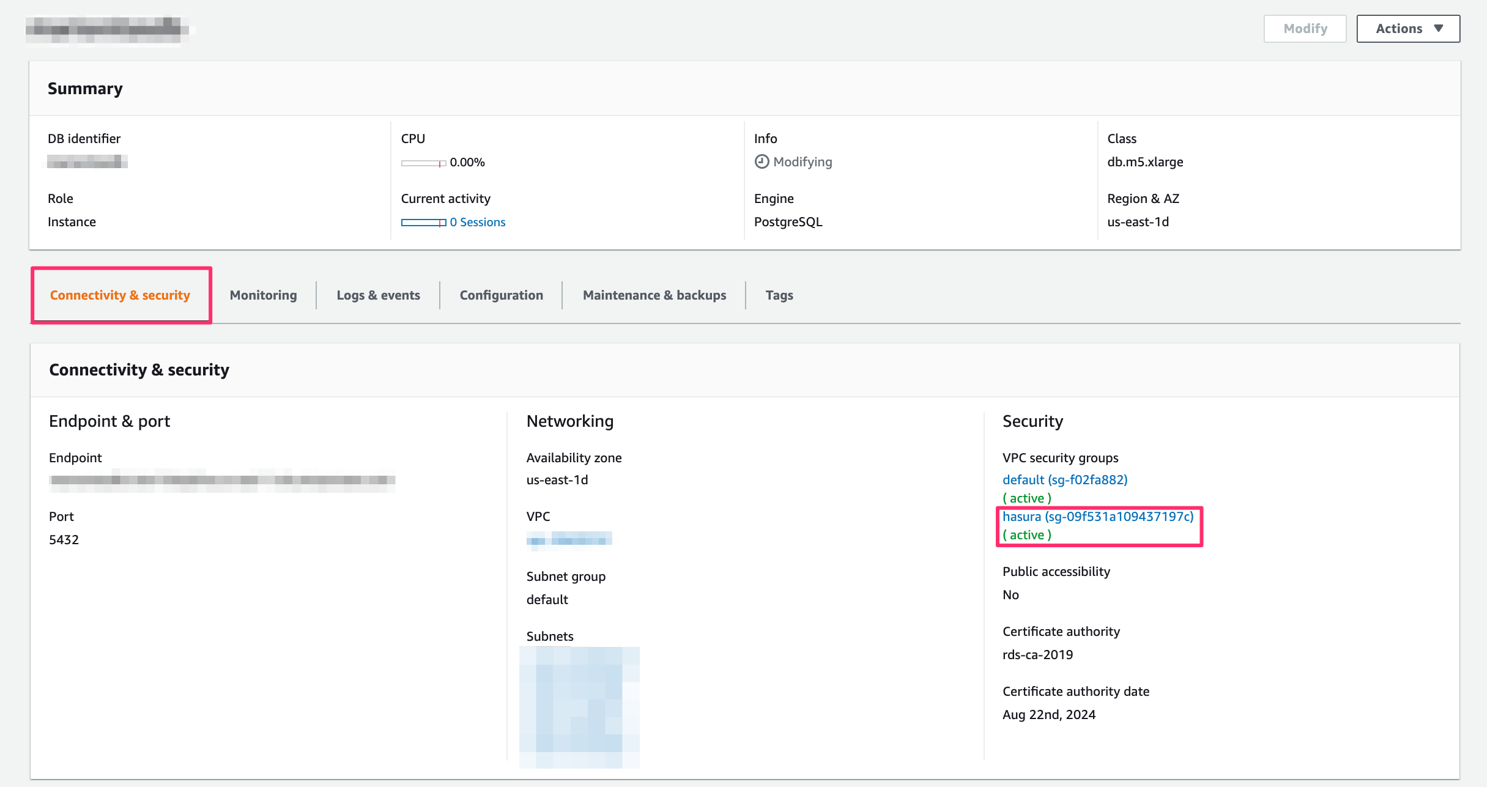 Find the security group on AWS RDS