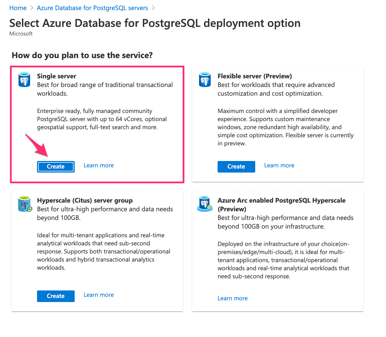 Select single server on Azure