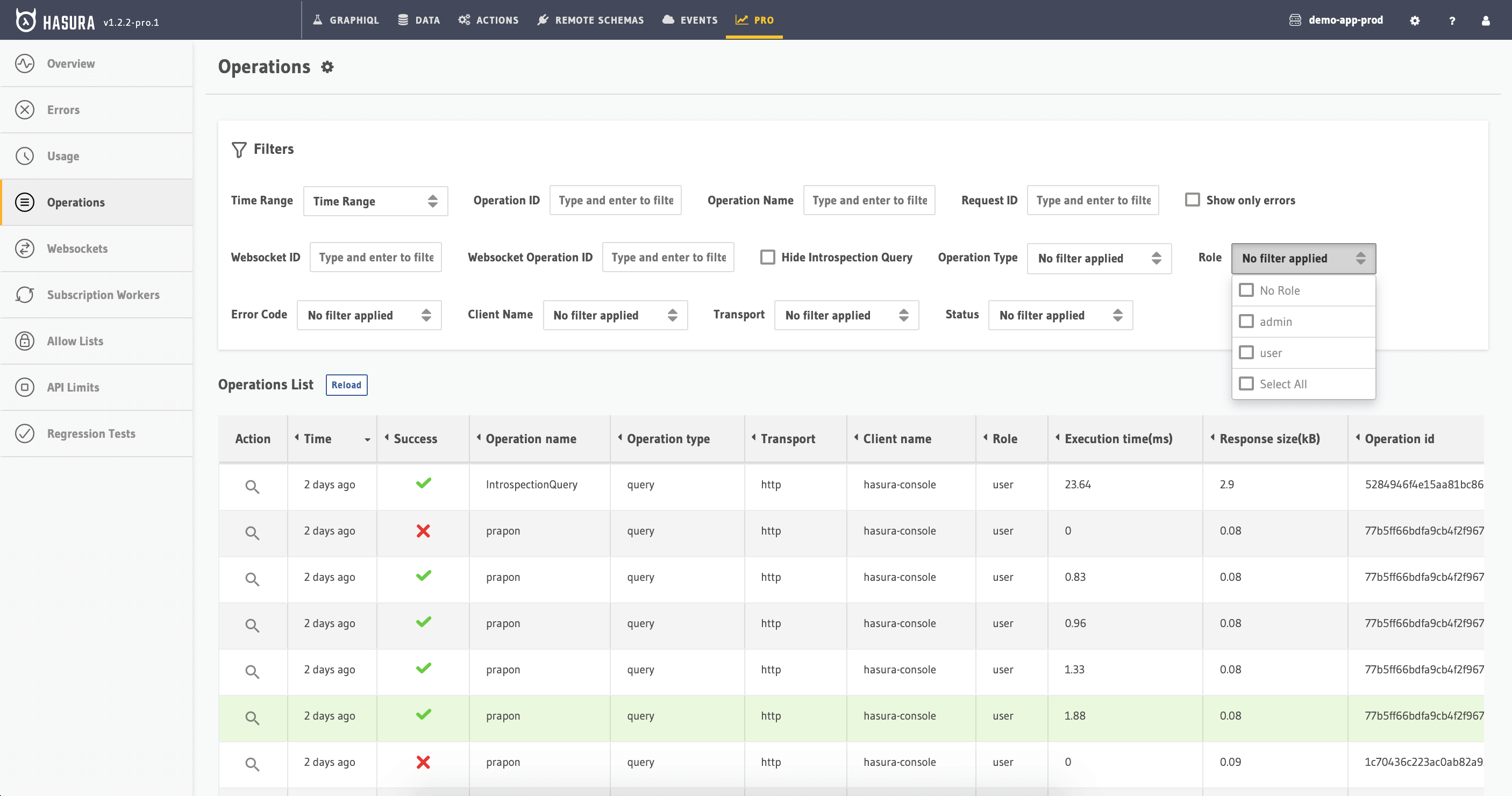 Hasura Cloud Console list operations