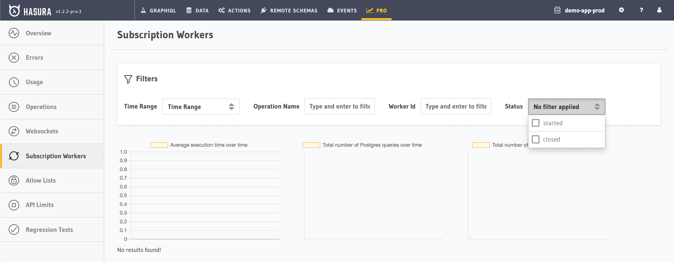 Hasura Cloud Console subscription workers tab