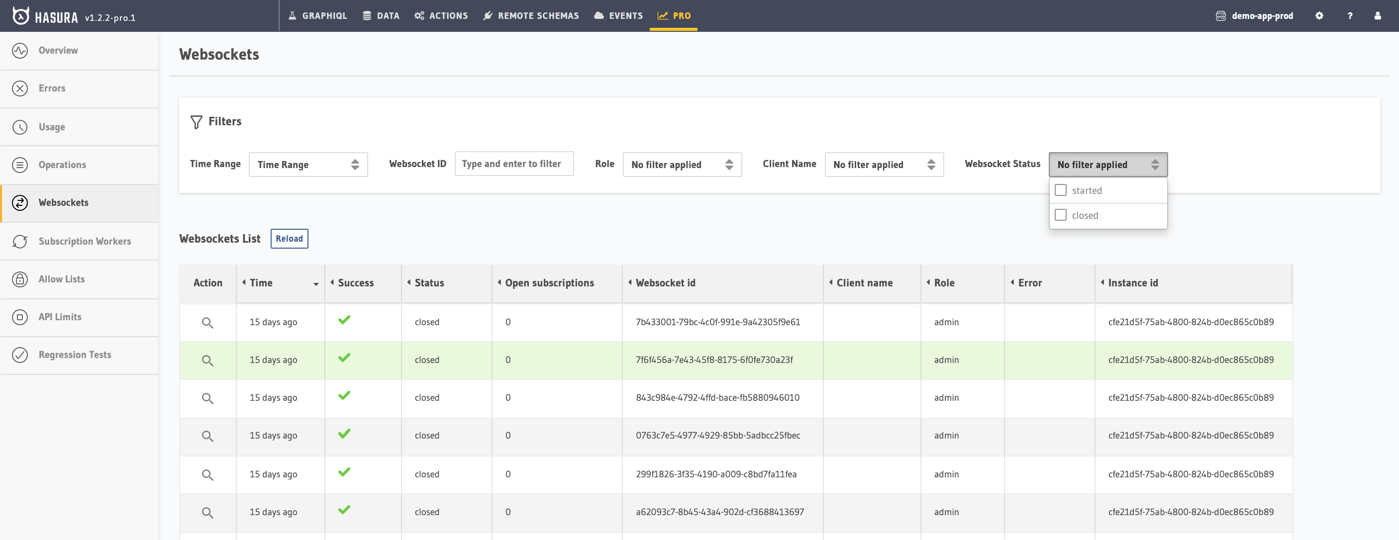 Hasura Cloud Console websockets tab