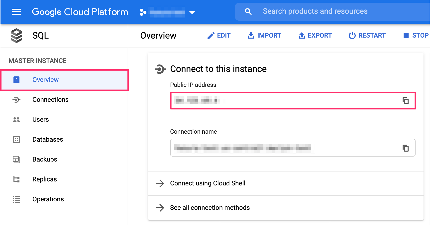 Find the public IP for a GCP Postgres database