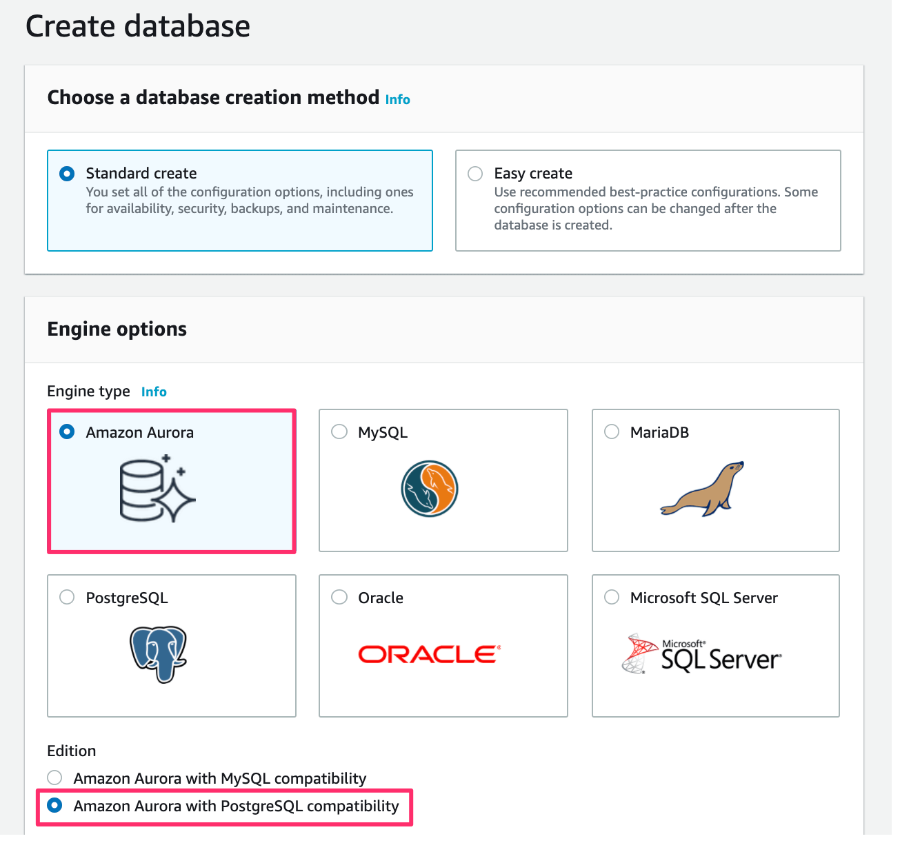 Select Aurora for RDS instance on AWS