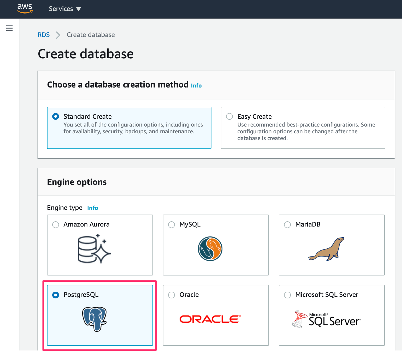 Select Postgres for RDS instance on AWS