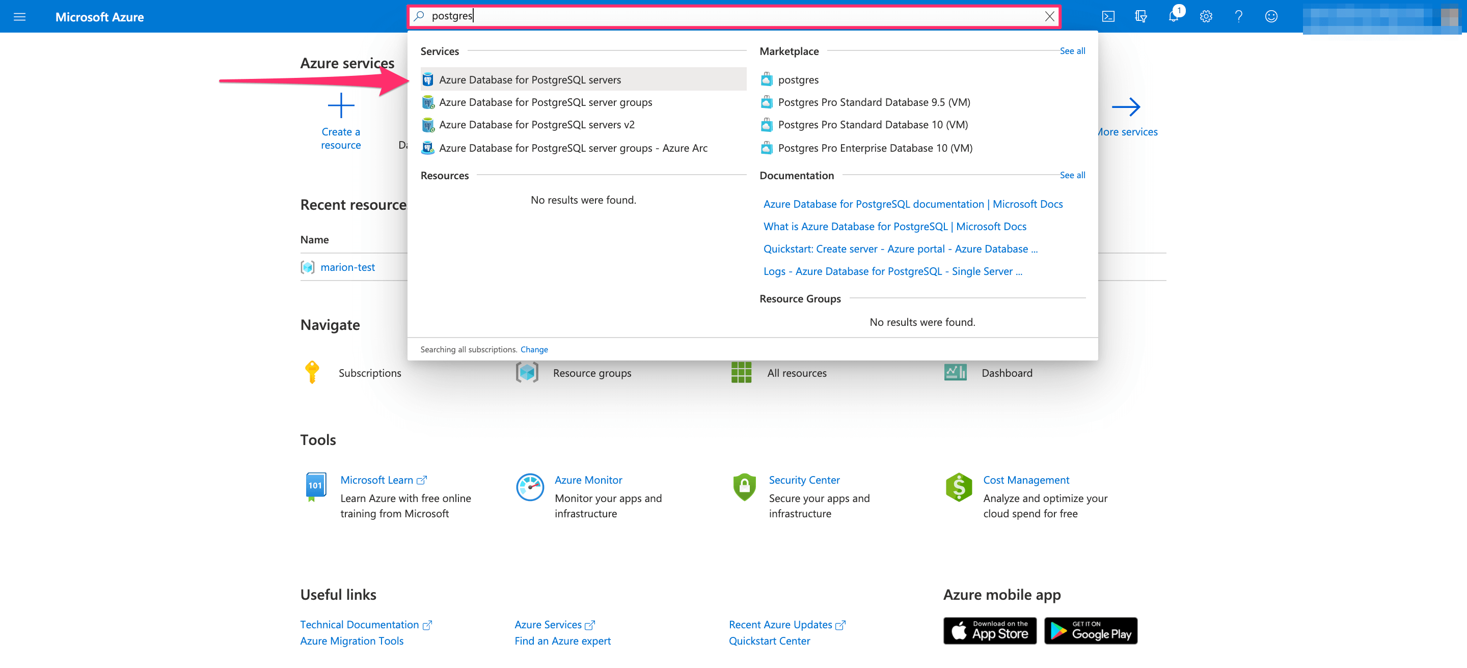 Select Postgres database on Azure