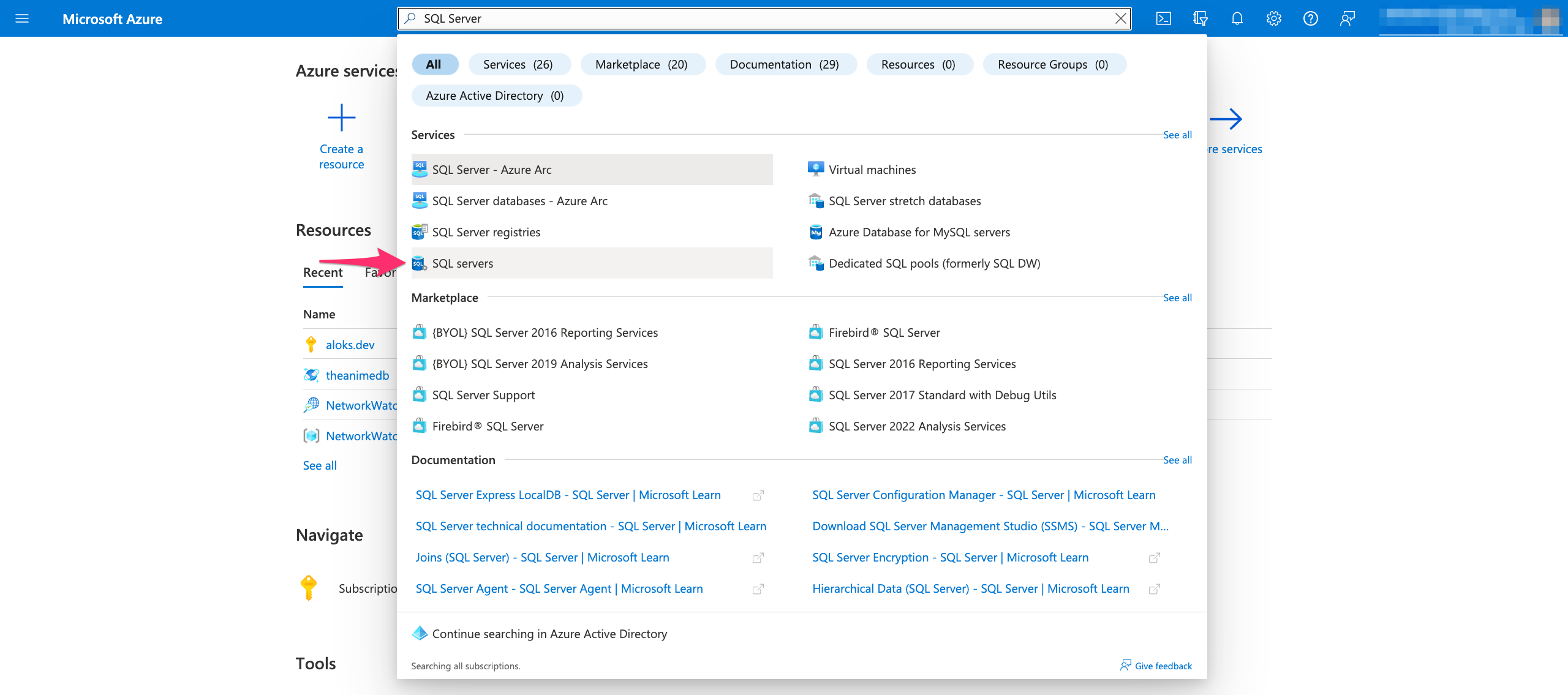 Navigate to SQL Servers on Azure