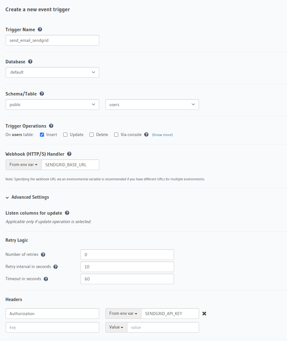 Sengrid event trigger config